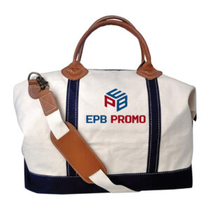 EPB0012 heavy canvas weekender bag in beige and navy with sample EPB decoration